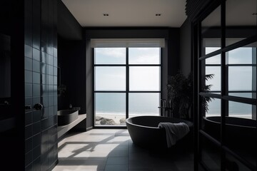 Dark modern bathroom with french windows and view to sea, created using generative ai technology