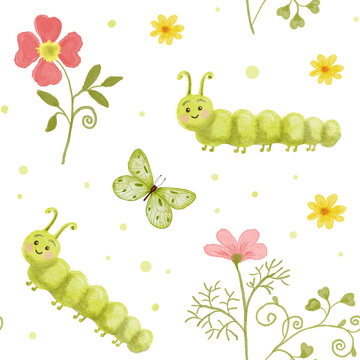 Green watercolor caterpillar with a butterfly. Seamless watercolor pattern with insects. Butterfly caterpillar in flowers.