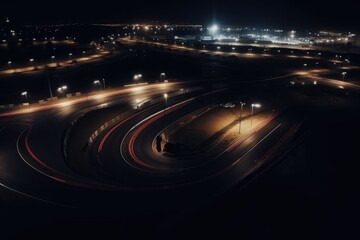 Aerial view of lit car race track at night, created using generative ai technology
