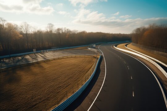 Aerial view of empty car race track, created using generative ai technology