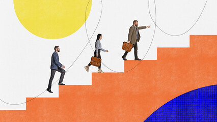 Contemporary art collage with business people walking upstairs over colorful background with geometric shapes. Concept of teamwork, success, goals, career