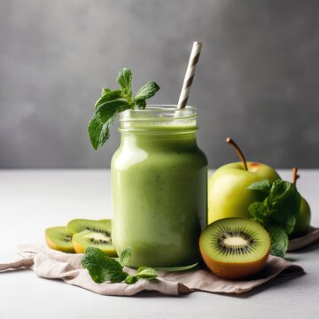 Green fruit smoothie and fruit on grey background, created using generative ai technology
