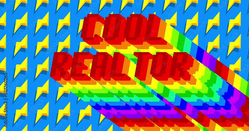 Poster cool realtor. 4k animated word with long layered multicolored shadow with the colors of a rainbow on