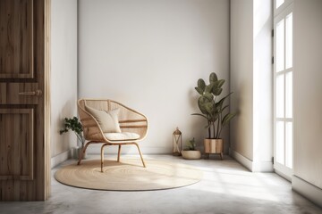 Interior of a living room with a wicker chair and a eucalyptus plant against a white wall mock up,. Generative AI