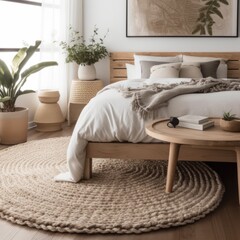 Beige round rug on floor in bedroom, created using generative ai technology