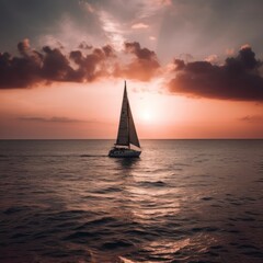Obraz na płótnie Canvas Sunset sky over sailing boat and ocean, created using generative ai technology