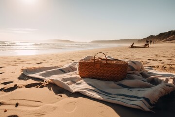 White blanket with picnic basket on beach, created using generative ai technology