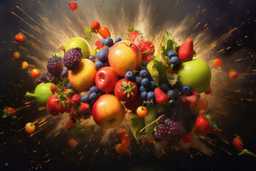 Explosion of juicy fruits and juce splash
