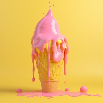 Pink and yellow ice cream in cone on yellow background, created using generative ai technology