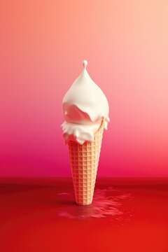Vanilla ice cream in cone on red background, created using generative ai technology