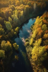 Aerial shot of river in forest, created using generative ai technology