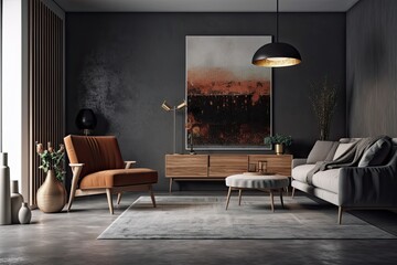 Interior of a dark living room with a couch and chairs, side view, and dresser with artwork. Rug and coffee table on a gray concrete floor. a mockup copy space with a gray wall,. Generative AI