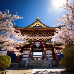 Fototapeta premium Trees and temple with oriental pattern over blue sky, created using generative ai technology