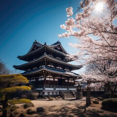 Fototapeta premium Trees and temple with oriental pattern over blue sky, created using generative ai technology