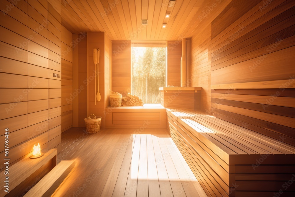 Wall mural bright wooden sauna with window and view to trees, created using generative ai technology