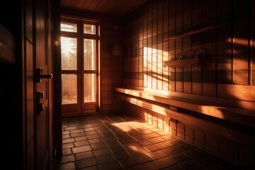 Interior of wooden sauna with big window and sunlight, created using generative ai technology