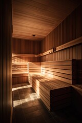 Interior of wooden sauna with bench and sunlight, created using generative ai technology