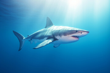 Naklejka premium great white shark swimming in the deep blue ocean, generative ai