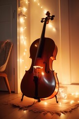 Brown cello displayed in room with fairy lights, created using generative ai technology
