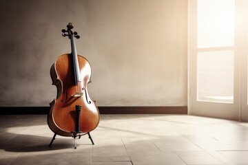Brown cello displayed next to window in sunny room, created using generative ai technology - obrazy, fototapety, plakaty