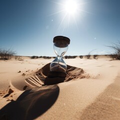 Hourglass on sand in desert with sunlight, created using generative ai technology