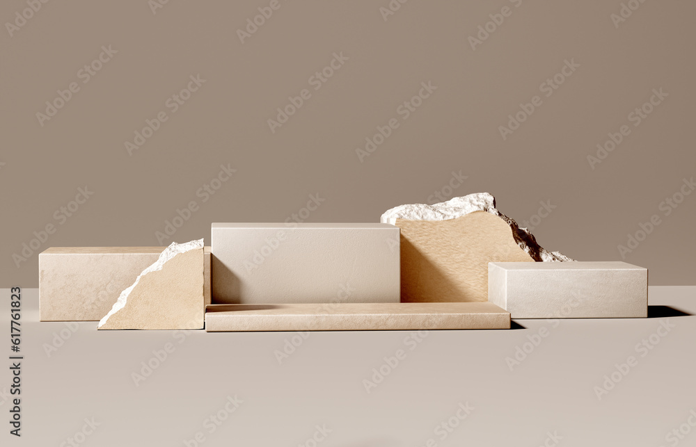 Poster stone debris decoration and geometric blocks platform for product presentation. 3d rendering object 