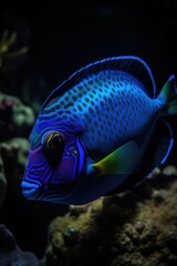 Blue tropical fish with pattern and coral reef in sea, created using generative ai technology