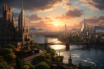 Fototapeta premium Skyscrapers and river, big city, background. AI generative.