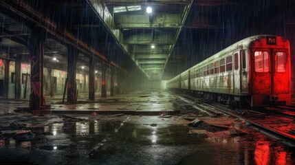 An old vintage abandoned train station destroyed on a stormy day Generative AI Illustration
