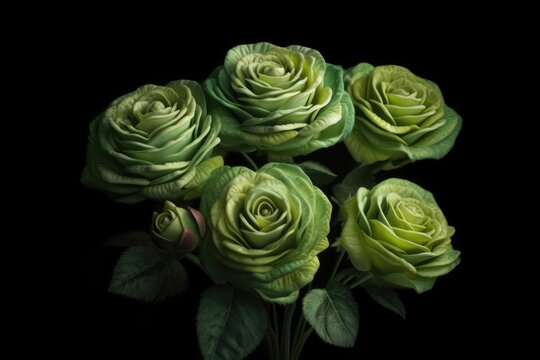 Green roses on green background, created using generative ai technology