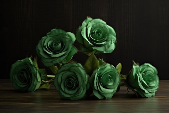 Green roses on wooden surface and black background, created using generative ai technology - Powered by Adobe
