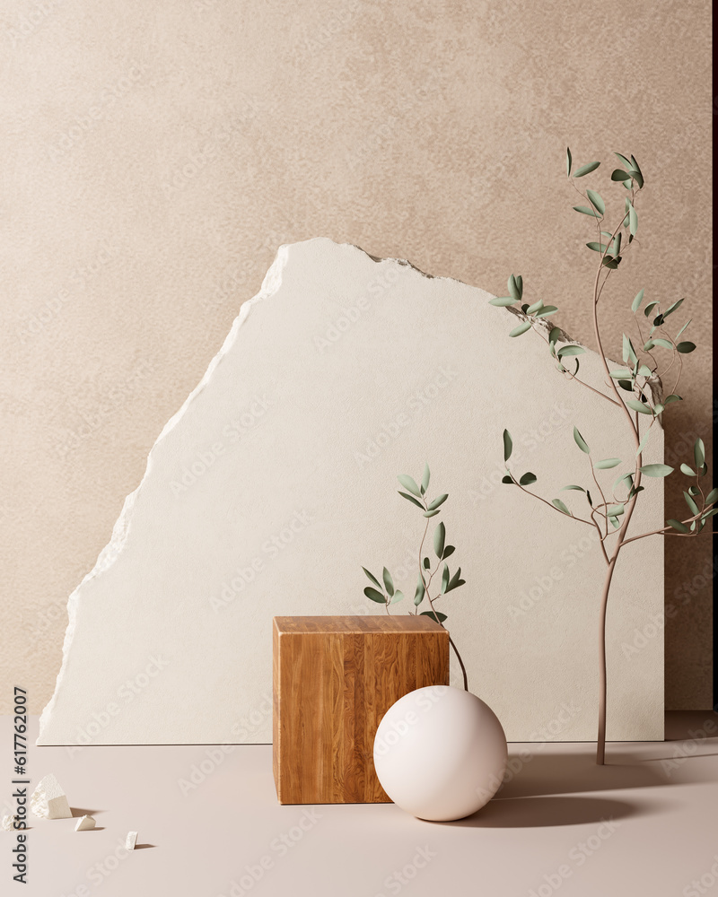 Poster product display background. 3d rendering object display mockup. empty scene with stone slab, wooden 