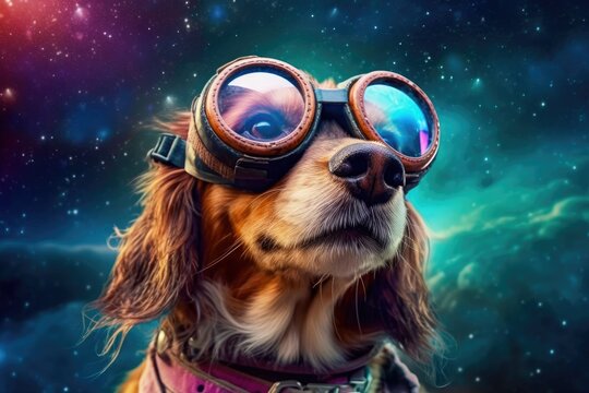A cute funny dog floating in the space with transparent glasses Generative AI Illustration