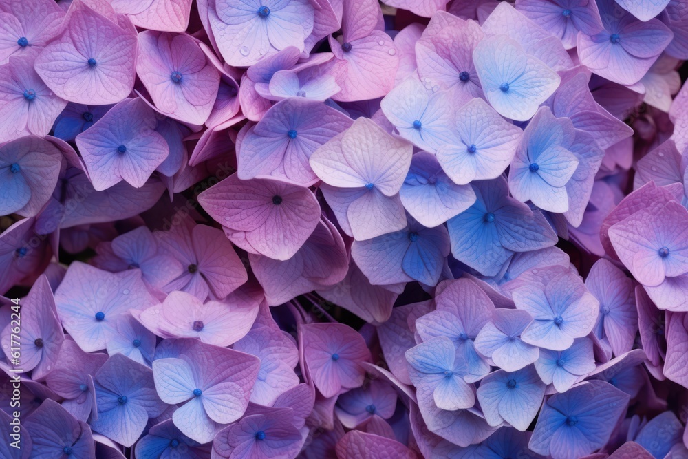 Wall mural full frame of blue and pink hydrangeas background, created using generative ai technology