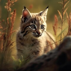Obraz premium Close up of bobcat kitten standing in field, created using generative ai technology