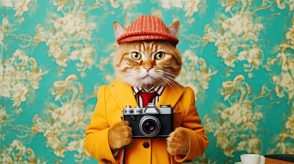 cat in a hat with a digital camera. Generative AI - obrazy, fototapety, plakaty