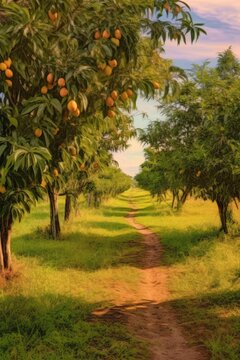Mango trees with fruit in row in nature, created using generative ai technology