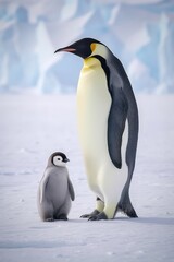 Fototapeta na wymiar Close up of emperor penguin standing with chick in snow, created using generative ai technology