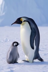 Close up of emperor penguin standing with chick in snow, created using generative ai technology