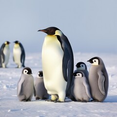 Fototapeta na wymiar Close up of emperor penguin standing with chicks in snow, created using generative ai technology
