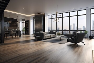 Interior of a penthouse living room featuring two armchairs, a large black sofa, and a wooden floor. a bureau with drawers. prototype blurred. Generative AI