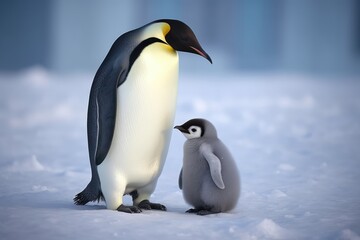 Naklejka na ściany i meble Close up of emperor penguin standing with chick in snow, created using generative ai technology