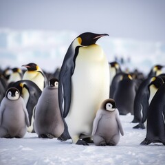 Obraz premium Close up of emperor penguin standing with chicks in snow, created using generative ai technology
