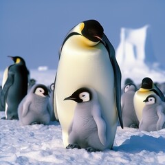 Obraz premium Close up of emperor penguin standing with chicks in snow, created using generative ai technology