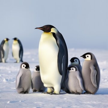 Close up of emperor penguin standing with chicks in snow, created using generative ai technology