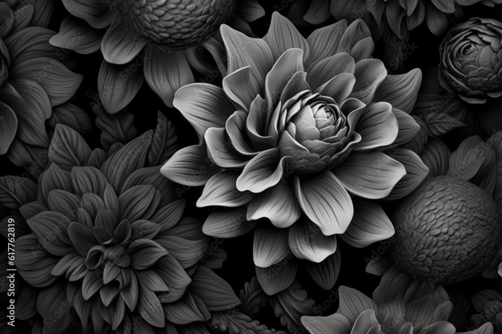 Wall mural full frame of black flowers background, created using generative ai technology