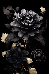 Full frame of black flowers on black background, created using generative ai technology