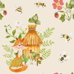 A fox near a beehive with flowers. Watercolor seamless pattern with bees and fox. Children's design. The illustration is hand drawn.