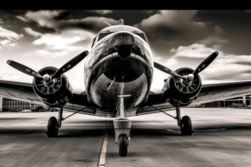 Fototapeta premium Airplane on runway and sky with clouds in black and white, created using generative ai technology