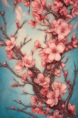 Pink blossom on blue background, created using generative ai technology